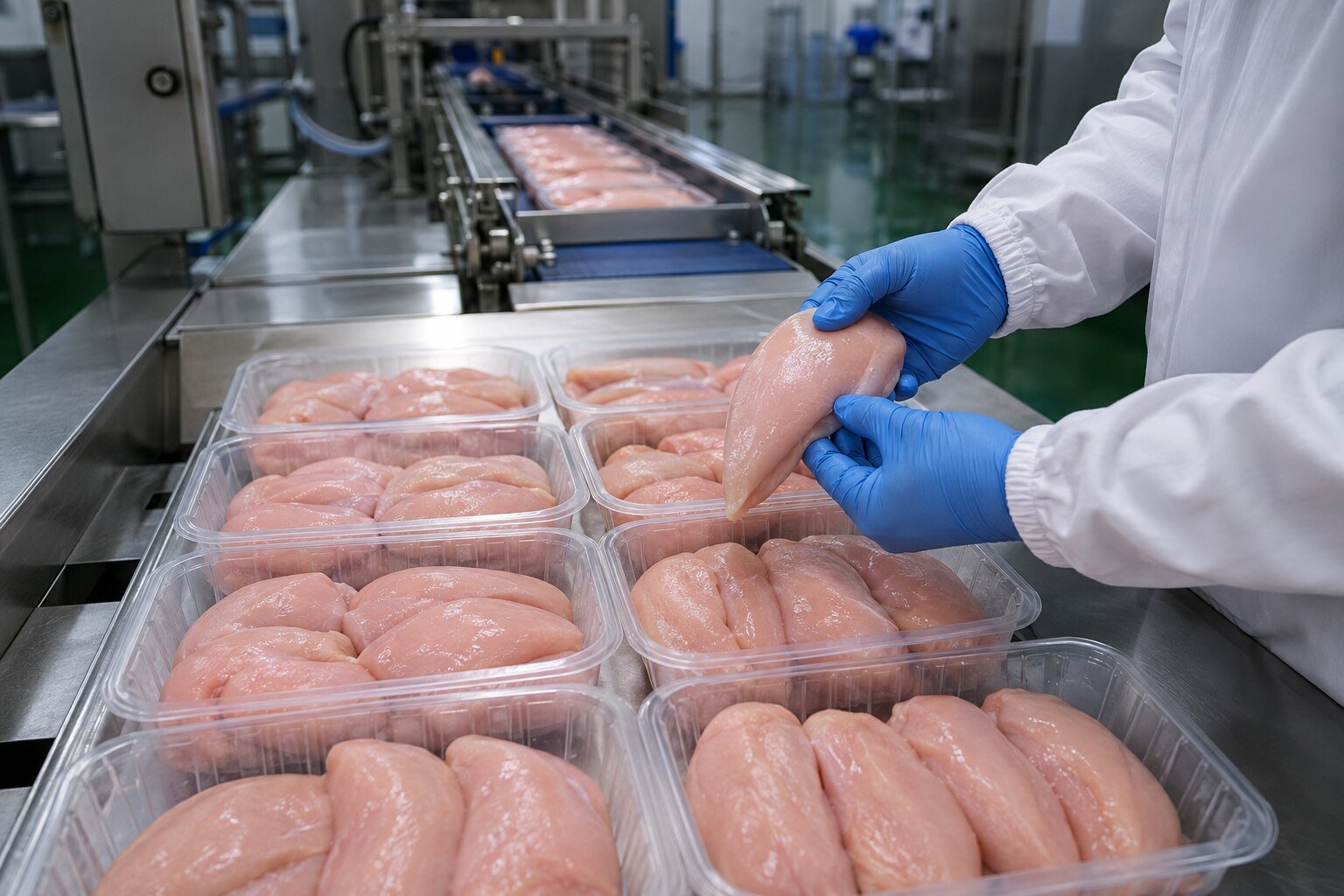 Kwaliteitscontrole van merkloze kipdelen in een hygiënische verwerkingsomgeving