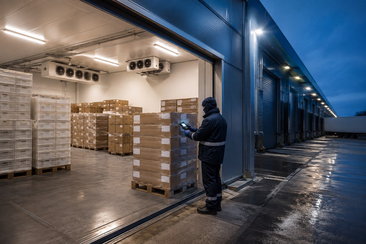 Medewerker die merkloze voedselzendingen scant bij een modern gekoeld distributiecentrum